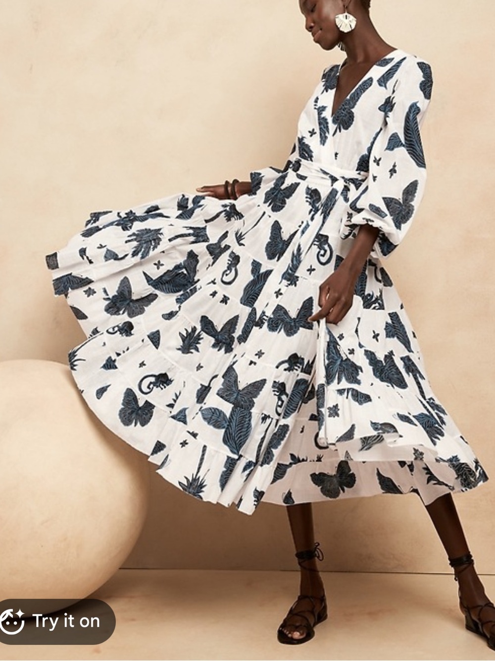 Banana Republic White Dress with Teal and Navy Butterfly Print